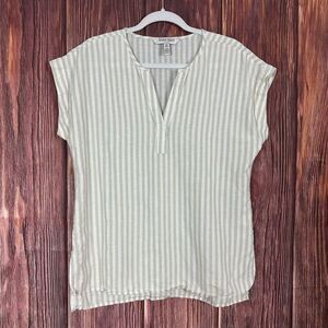 Ellen Tracy Stripe Top Cap Sleeve Beige Lagenlook Linen Cotton Size Medium M